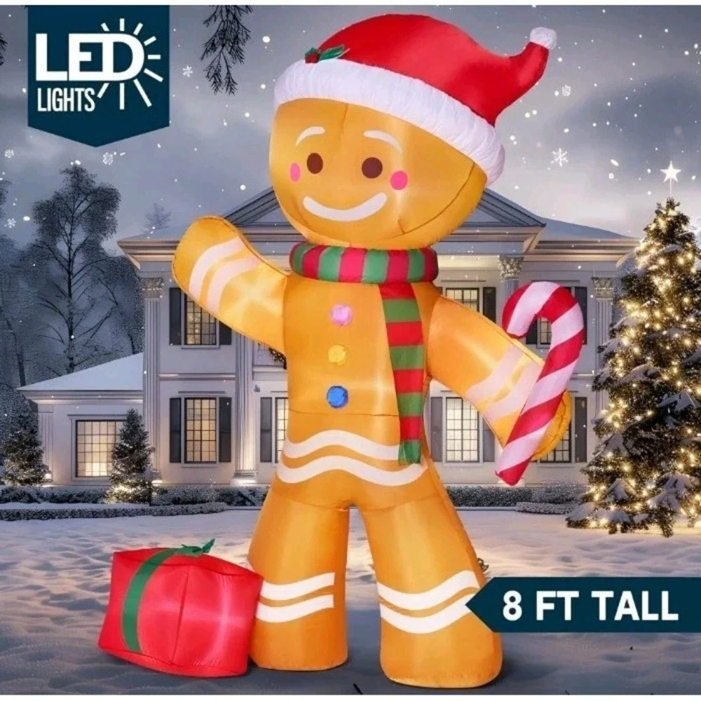 8 FT Christmas Inflatables‎ Gingerbread Man with Candy Cane Yard Decor w/LEDs
